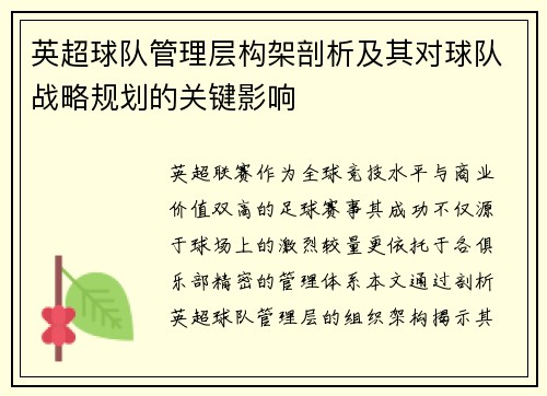 英超球队管理层构架剖析及其对球队战略规划的关键影响